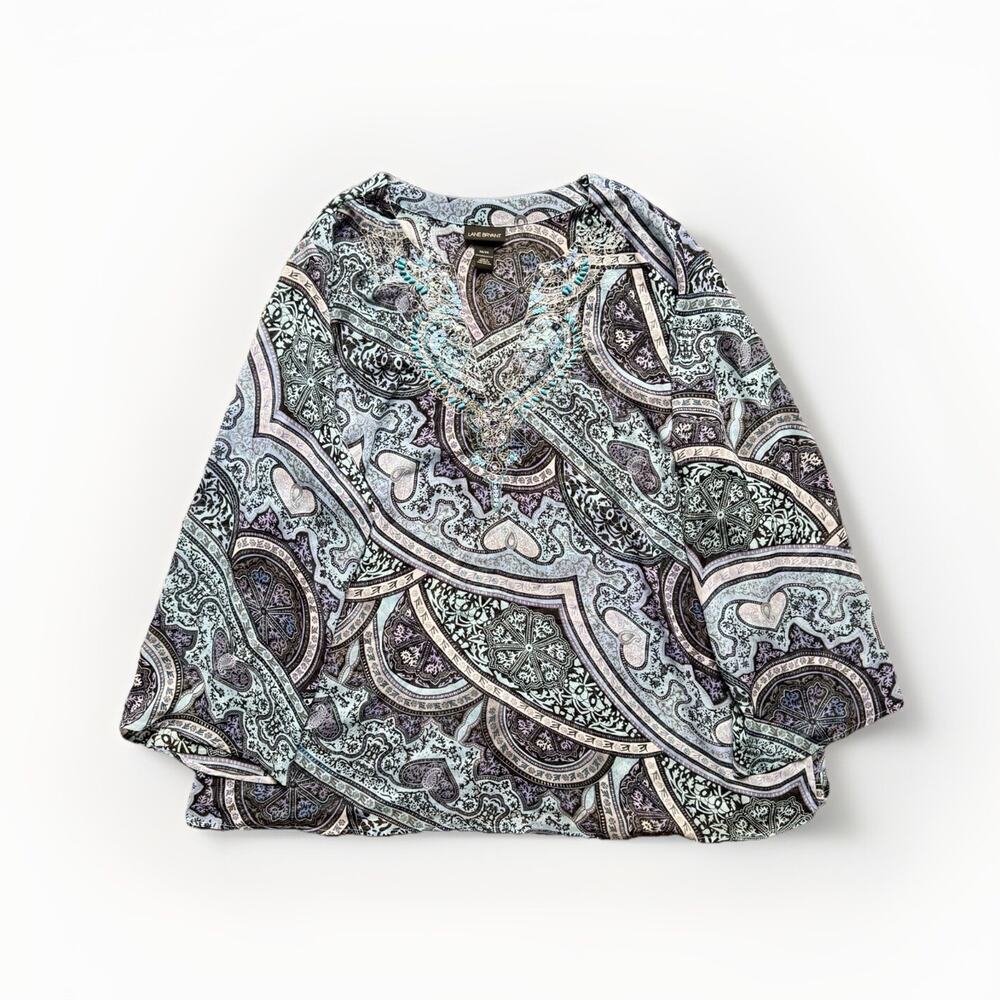 Lane Bryant Y2K Paisley Blouse 22/24 Plus Sheer‎ Lightweight Beaded Sequin Boho